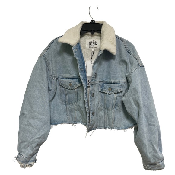 Zara Authentic Denim TRF Cropped Jean Jacket Faux Shearling Collar Sz Large - Picture 1 of 5